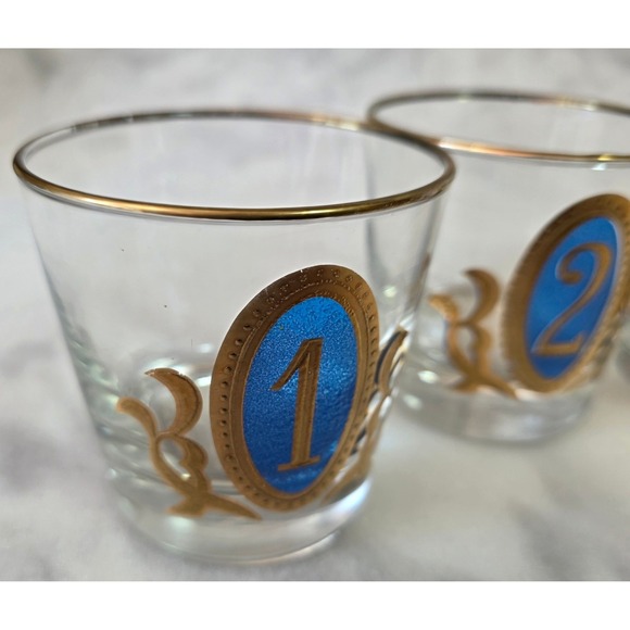 Vintage Libbey Gold Olympic Medallion Numbered Lowball Glasses - Set of 6 - Picture 2 of 15